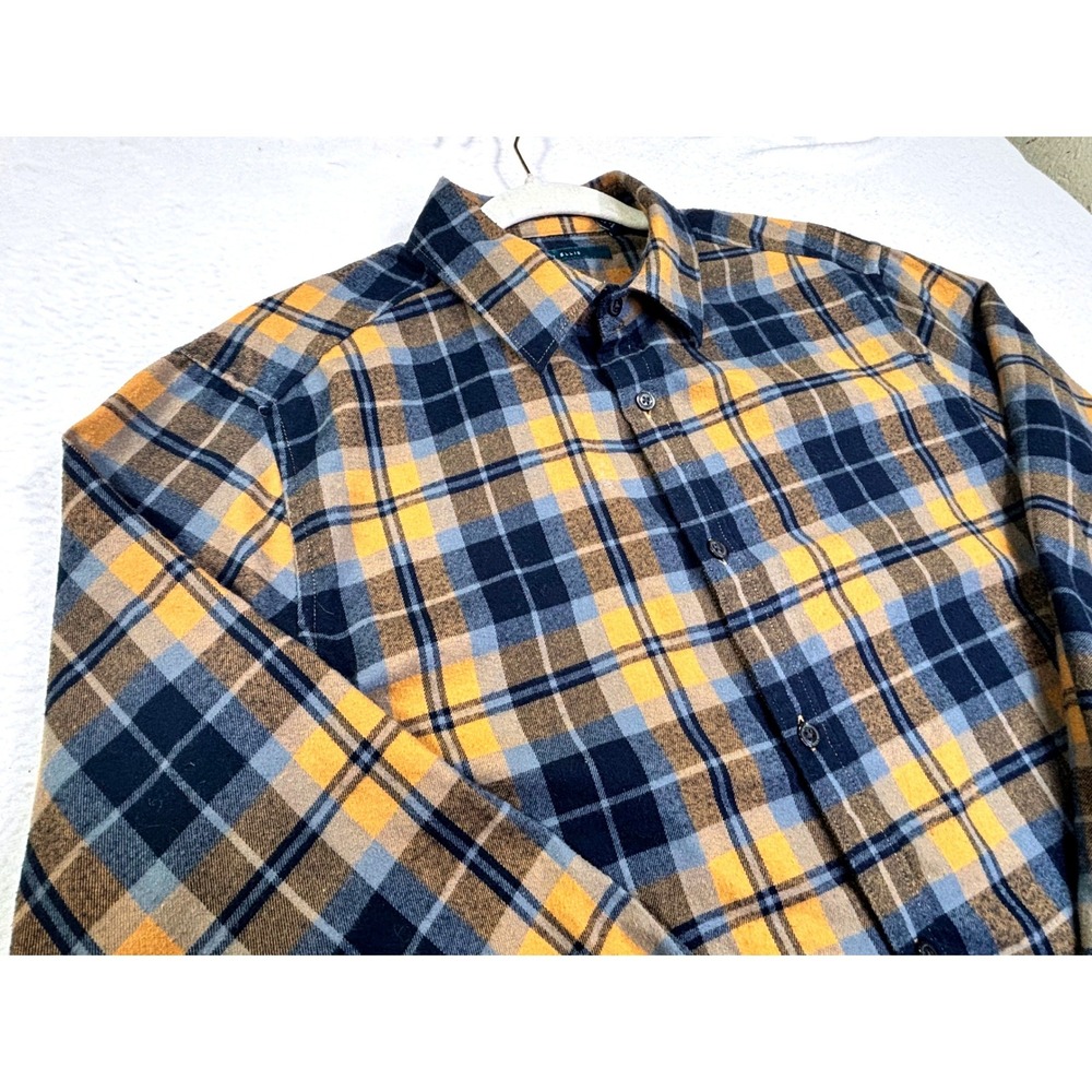 Perry Ellis Mens Plaid Flannel Button Down Shirt Yellow Navy Blue Grey Medium